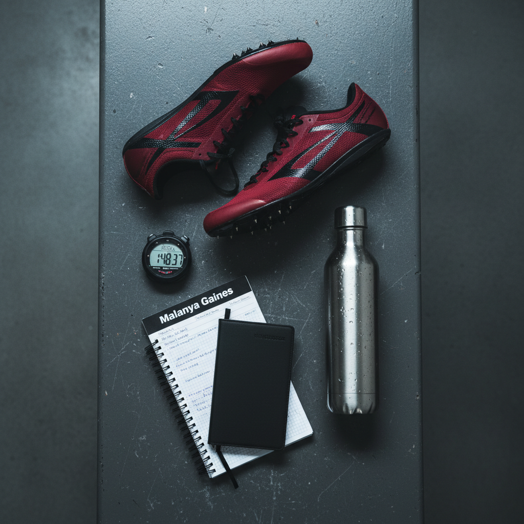 An overhead, photographic realism composition of a meticulously arranged flat lay on a charcoal concrete locker room bench: a pair of high-performance 800m racing spikes in vibrant crimson and black, a digital stopwatch paused at a fast lap split, a sleek black training log notebook labeled “Malanya Gaines”, and a minimalist stainless-steel water bottle with visible condensation. The bench surface shows subtle scratches and a faint chalky texture. Cool, diffused locker room lighting from above creates soft reflections on the metal and gentle shadows beneath each object. The mood is disciplined, analytical, and bold, emphasizing preparation and strategy. The color palette is dominated by deep reds, blacks, and steel tones. Everything is sharply in focus, reinforcing precision and professionalism for a serious middle-distance athlete.