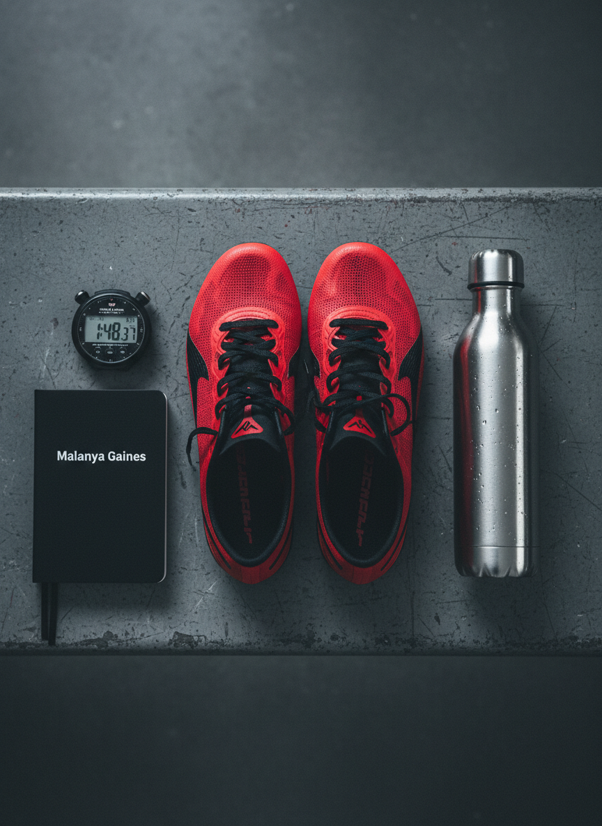 An overhead, photographic realism composition of a meticulously arranged flat lay on a charcoal concrete locker room bench: a pair of high-performance 800m racing spikes in vibrant crimson and black, a digital stopwatch paused at a fast lap split, a sleek black training log notebook labeled “Malanya Gaines”, and a minimalist stainless-steel water bottle with visible condensation. The bench surface shows subtle scratches and a faint chalky texture. Cool, diffused locker room lighting from above creates soft reflections on the metal and gentle shadows beneath each object. The mood is disciplined, analytical, and bold, emphasizing preparation and strategy. The color palette is dominated by deep reds, blacks, and steel tones. Everything is sharply in focus, reinforcing precision and professionalism for a serious middle-distance athlete.