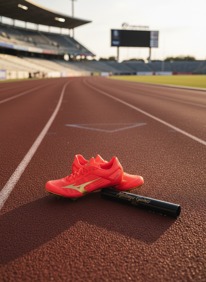 A sleek, modern track stadium captured in photographic realism, with eight perfectly lined crimson lanes curving into the distance. In the foreground, a pair of ultra-lightweight, neon-red track spikes with metallic gold accents rests beside a glossy black baton engraved with the name “Malanya Gaines” and the numbers 400m and 800m. The textured track surface shows tiny granules and chalk-start markings. Late-afternoon golden hour sunlight rakes across the lanes, casting bold, elongated shadows that emphasize speed and intensity. Shot from a low, ground-level angle along the lane lines with a shallow depth of field, the background stadium seating and scoreboard blur into rich bokeh. The mood is bold, focused, and competitive, ideal as a hero image for a track athlete’s personal site.