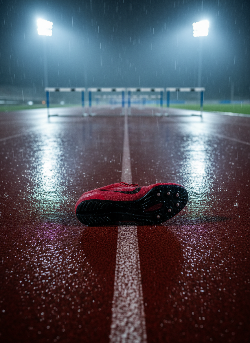A dramatic, photographic realism scene of a wet outdoor track under stadium lights after a brief rain, designed to embody resilience. Deep ruby lane lines glisten with tiny water droplets, each bead reflecting the bright white beams from towering floodlights overhead. In the foreground, a single, vivid crimson track spike lies on its side, wet and slick, with intricate mesh texture and dark rubber sole clearly visible. The background hurdles, staggered for the 400m, are rendered as soft silhouettes in cool bluish haze. Shot from an ultra-low angle almost at track level, the reflections and specular highlights create a bold, cinematic mood. The atmosphere feels intense, determined, and unbreakable, as if representing the aftermath of a hard-fought race or grueling training session.