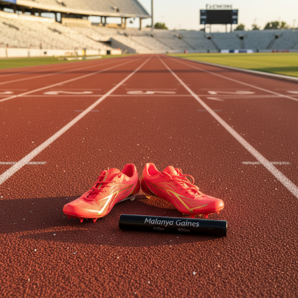 A sleek, modern track stadium captured in photographic realism, with eight perfectly lined crimson lanes curving into the distance. In the foreground, a pair of ultra-lightweight, neon-red track spikes with metallic gold accents rests beside a glossy black baton engraved with the name “Malanya Gaines” and the numbers 400m and 800m. The textured track surface shows tiny granules and chalk-start markings. Late-afternoon golden hour sunlight rakes across the lanes, casting bold, elongated shadows that emphasize speed and intensity. Shot from a low, ground-level angle along the lane lines with a shallow depth of field, the background stadium seating and scoreboard blur into rich bokeh. The mood is bold, focused, and competitive, ideal as a hero image for a track athlete’s personal site.