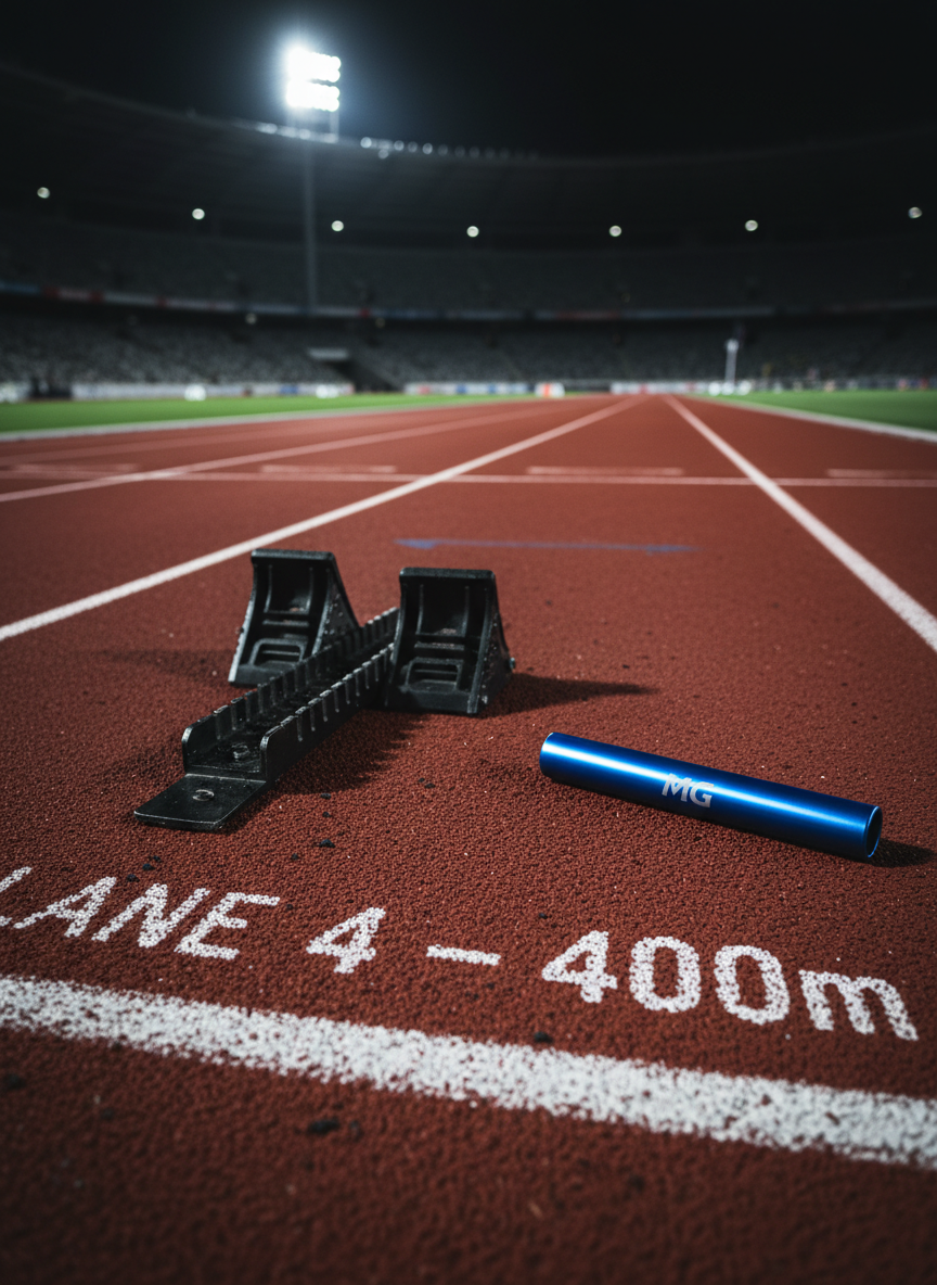 A close-up, photographic realism shot of a striking, matte-black starting block locked into a deep red track lane marked clearly “Lane 4 – 400m”. Beside it lies a glossy, custom relay baton in electric blue etched with “MG” initials. Fine rubber granules from the track cling to the metal surfaces, showing subtle wear from intense use. Harsh stadium lights blaze from high above, creating dramatic highlights along the edges of the block and baton, while the far lanes fade into shadow. Captured from a low, diagonal angle that follows the lane lines toward a dark, blurred finish line, the composition uses strong leading lines and shallow depth of field. The atmosphere feels bold, tense, and explosive, evoking the split second before a powerful sprint begins.