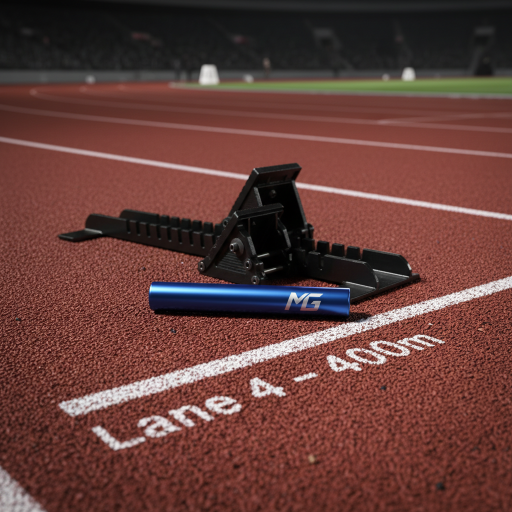 A close-up, photographic realism shot of a striking, matte-black starting block locked into a deep red track lane marked clearly “Lane 4 – 400m”. Beside it lies a glossy, custom relay baton in electric blue etched with “MG” initials. Fine rubber granules from the track cling to the metal surfaces, showing subtle wear from intense use. Harsh stadium lights blaze from high above, creating dramatic highlights along the edges of the block and baton, while the far lanes fade into shadow. Captured from a low, diagonal angle that follows the lane lines toward a dark, blurred finish line, the composition uses strong leading lines and shallow depth of field. The atmosphere feels bold, tense, and explosive, evoking the split second before a powerful sprint begins.